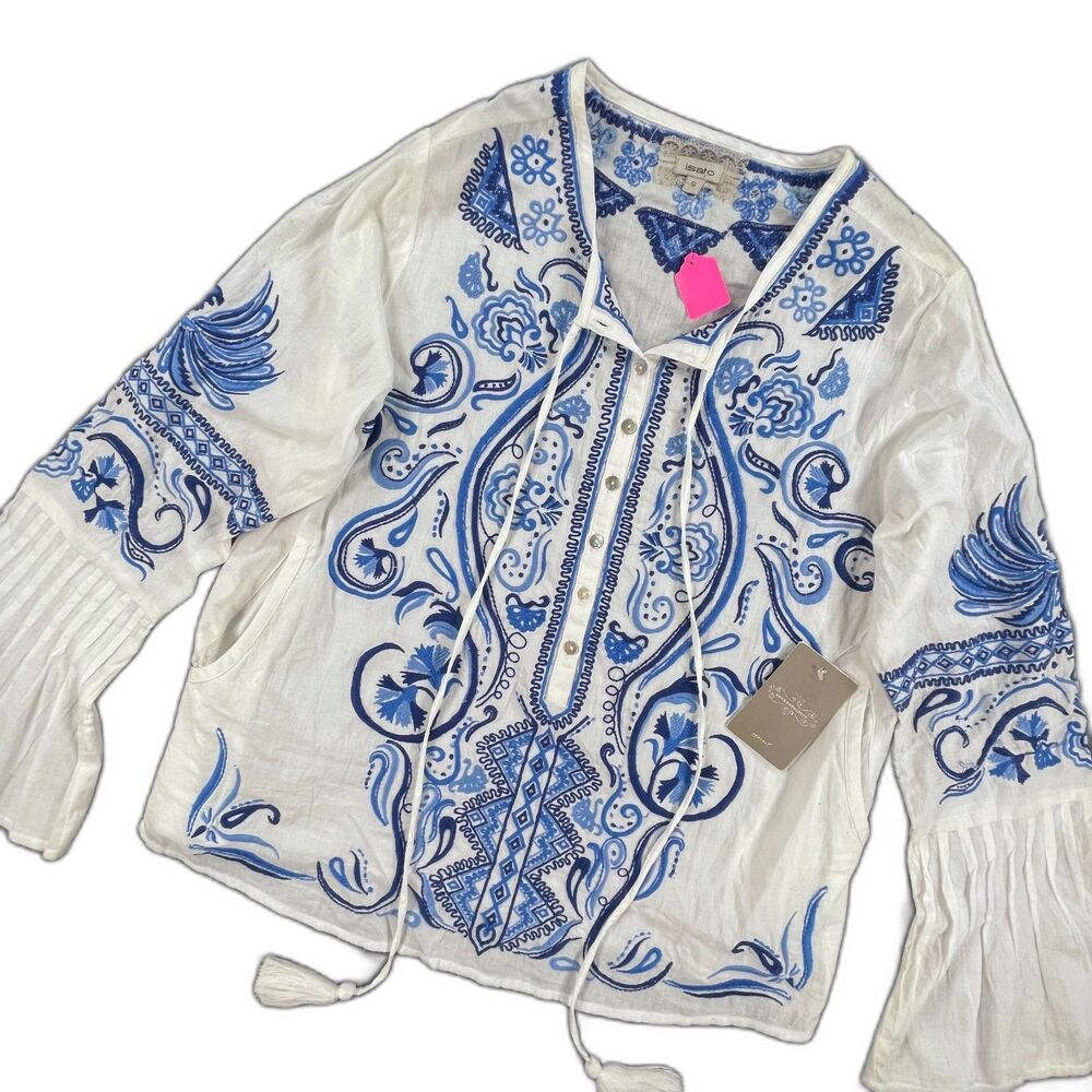 NWT Isato Anthropologie Zocalo Blue Embroidered Bell Sleeve Top S Peasant Flaws